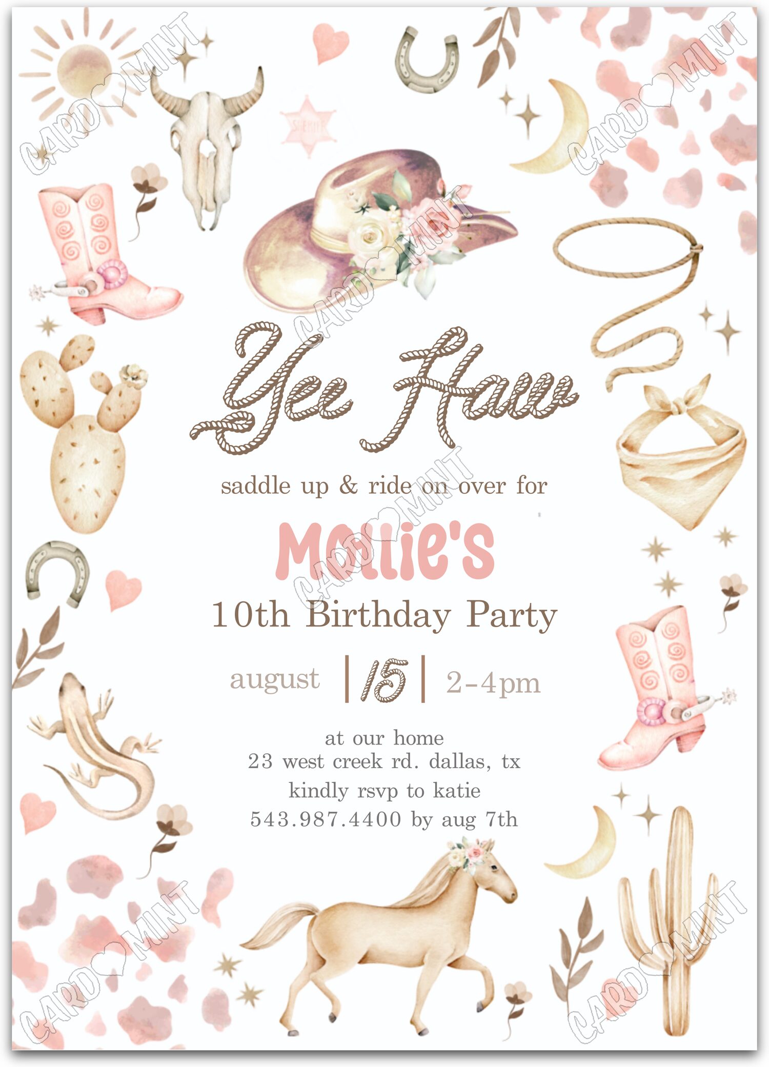 Editable Yee Haw Cowgirl white western attire girl Fête d'Anniversaire 5"x7" Invitation EV1634