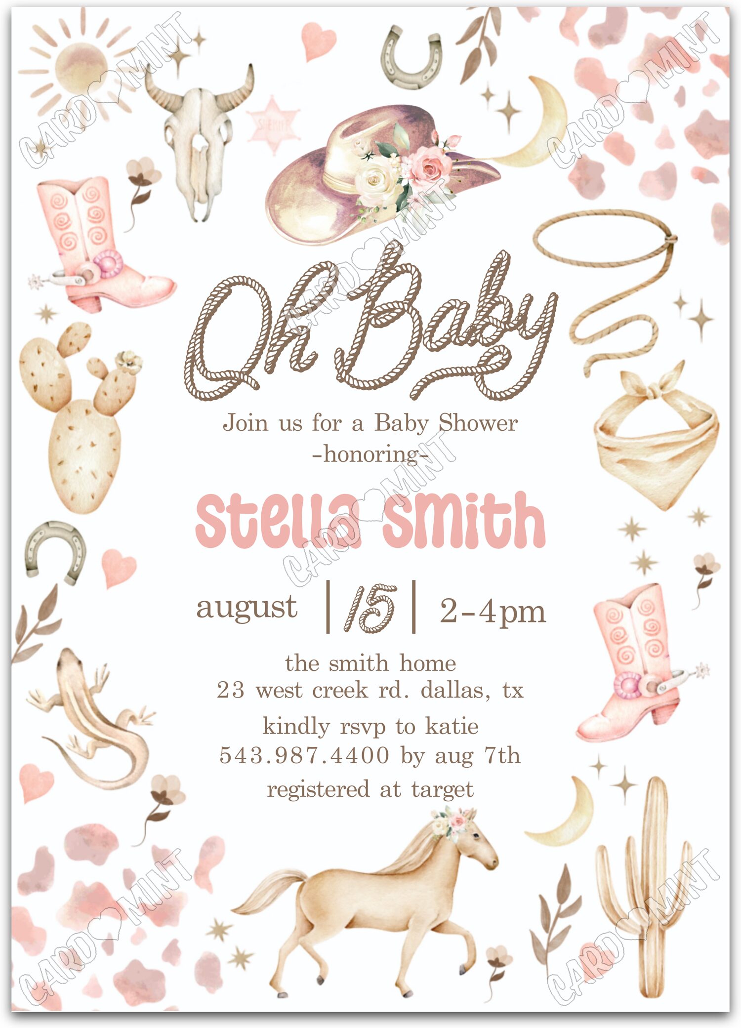 Editable Oh Baby white cowgirl attire girl Baby Shower Invitation EV1635