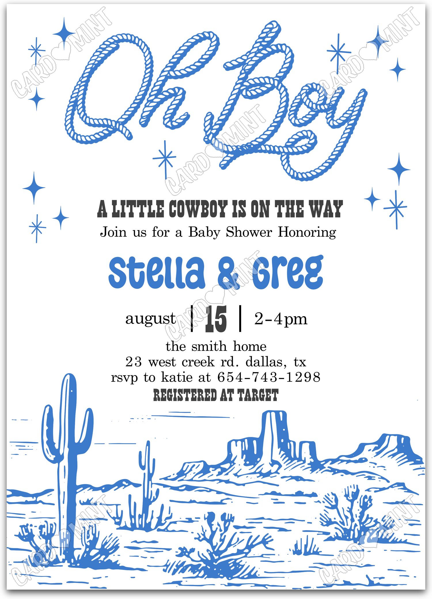 Editable Oh Boy white cowboy desertscape boy Baby Shower Invitation EV1636