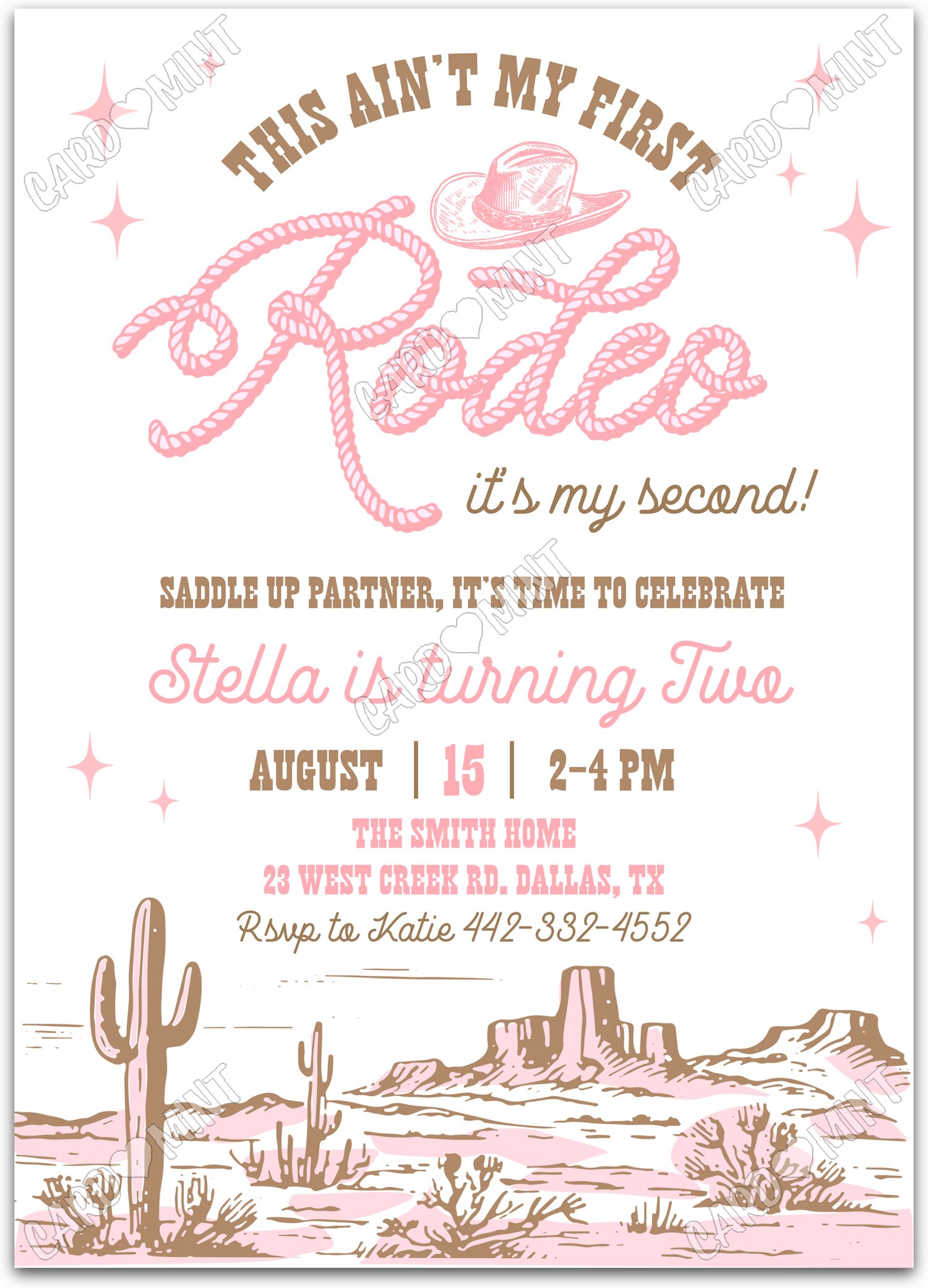 Editable This Ain't My First Rodeo white cowgirl desertscape girl 2nd Birthday Party 5"x7" Invitation EV1637