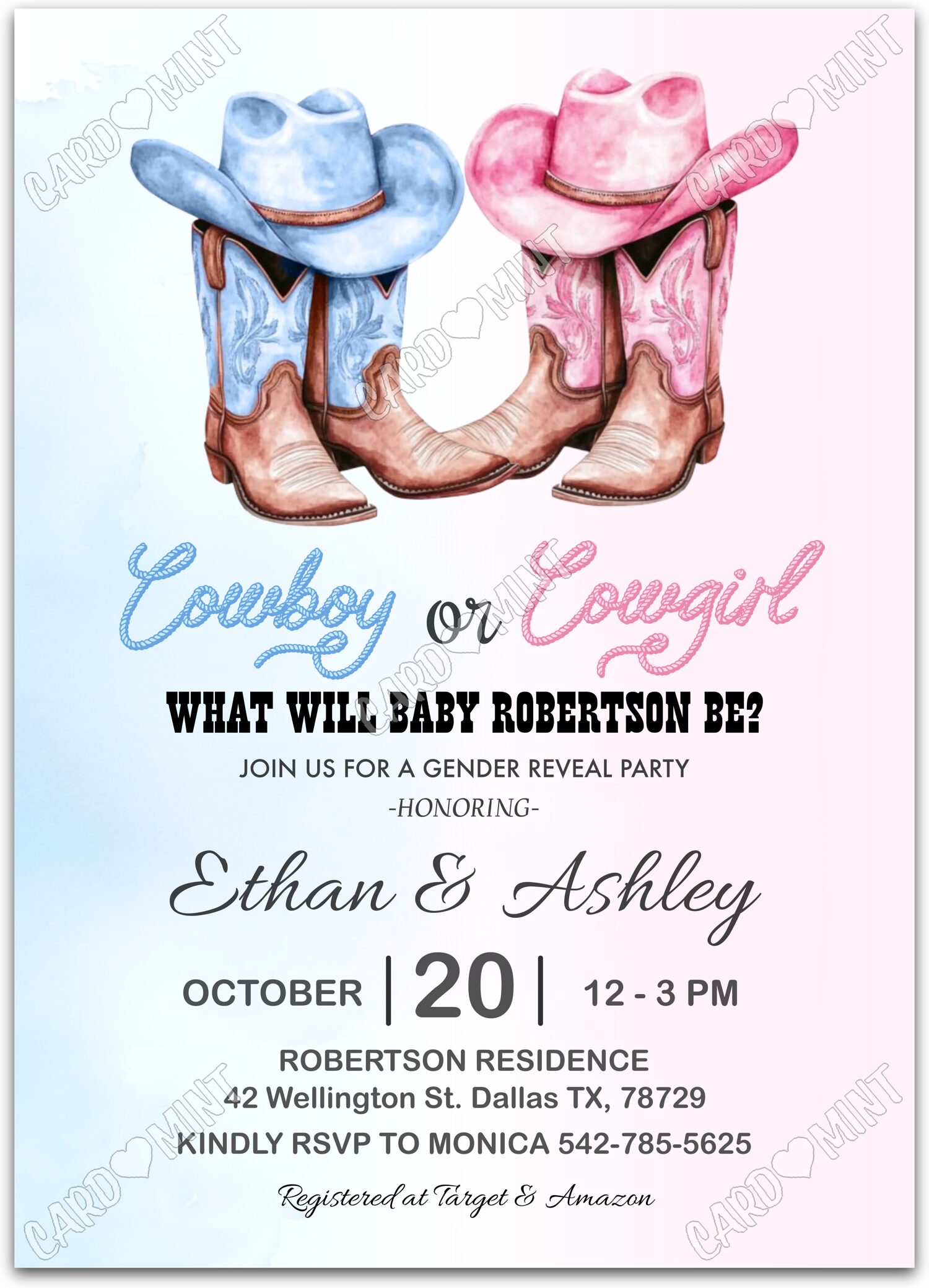 Editable Cowboy or Cowgirl pink/blue boots & hats Gender Reveal 5"x7" Invitation EV1640