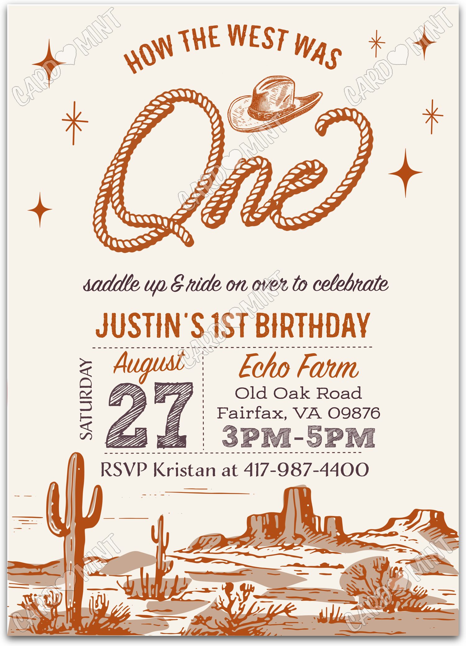 Editable How The West Was ONE beige cowboy desertscape boy First Birthday Party 5"x7" Invitation EV1641