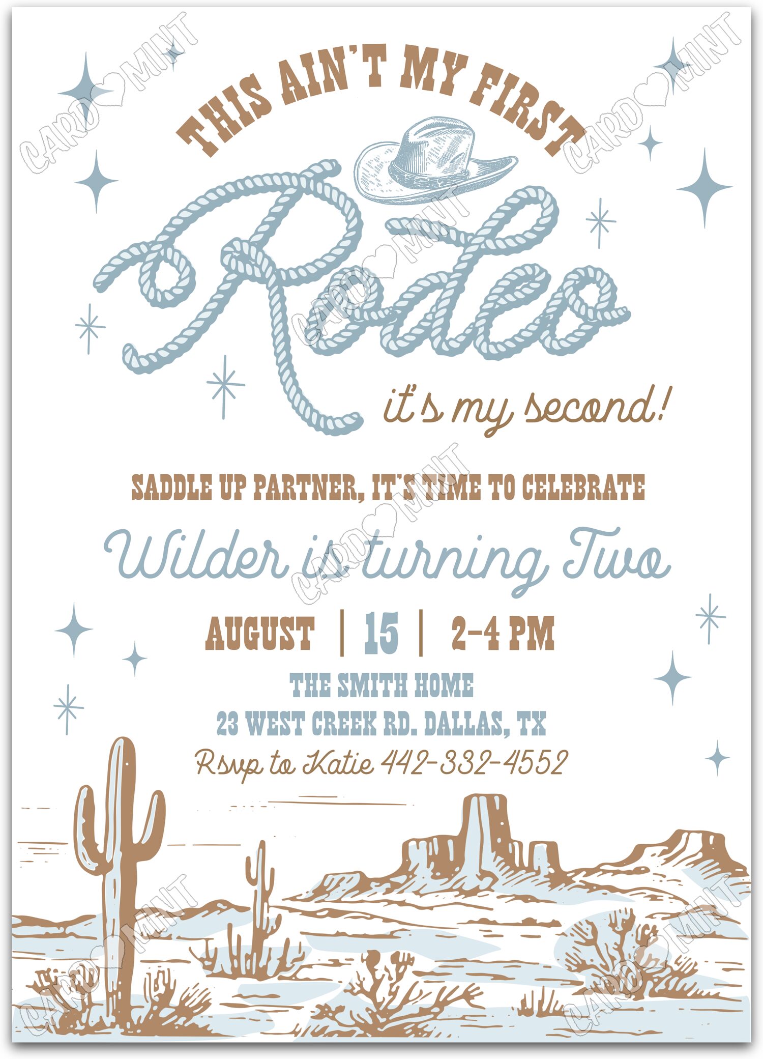 Editable This Ain't My First Rodeo white cowboy desertscape boy 2nd Birthday Party 5"x7" Invitation EV1644