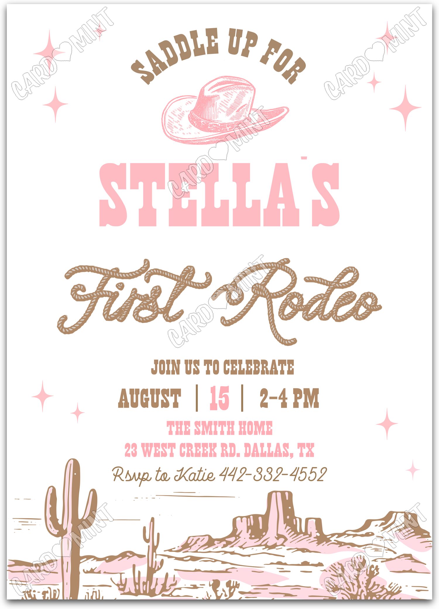 Editable First Rodeo white cowgirl desertscape girl First Fête d'Anniversaire 5"x7" Invitation EV1645