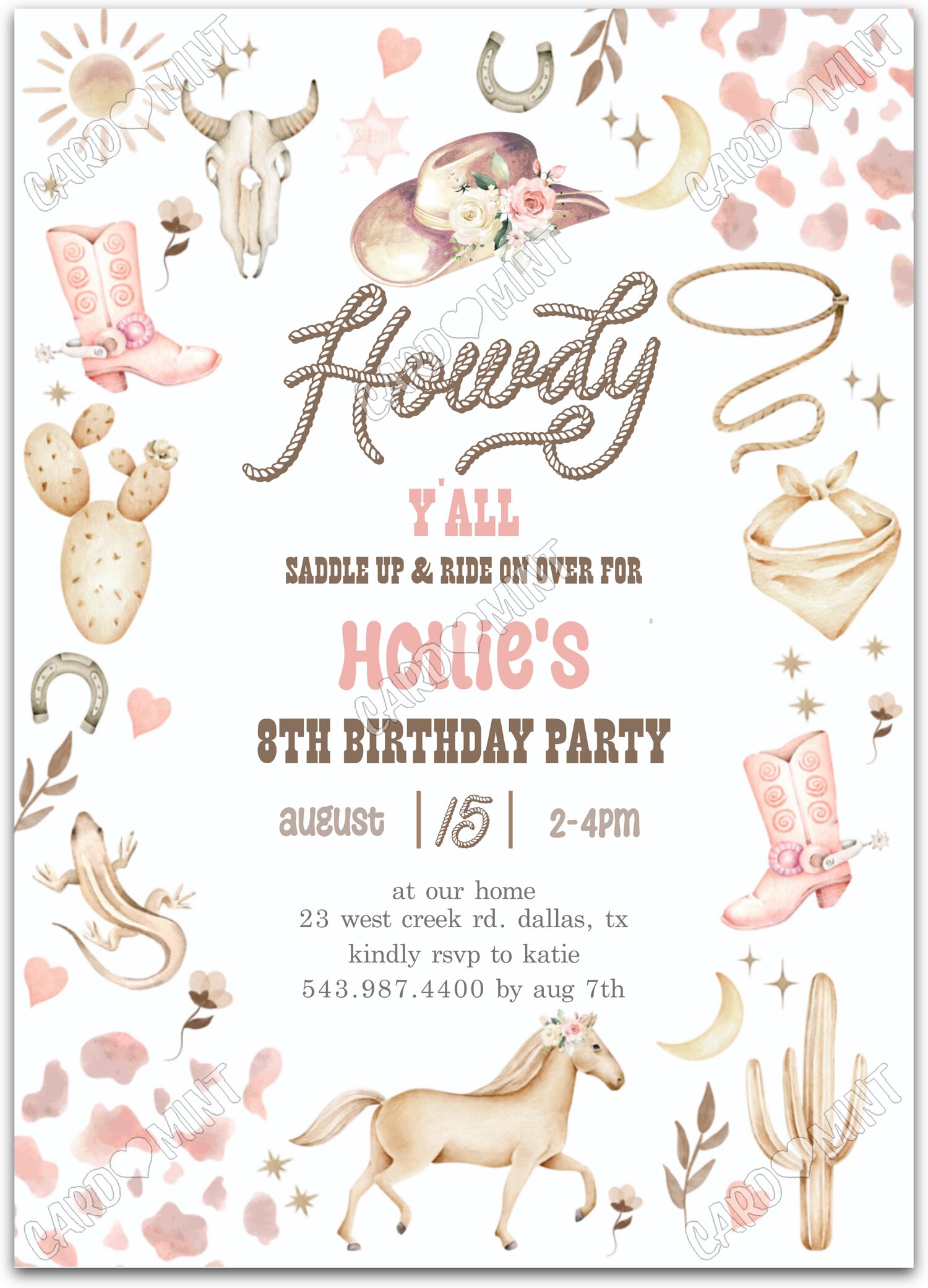 Editable Howdy Y'all white cowgirl attire girl Fête d'Anniversaire 5"x7" Invitation EV1646