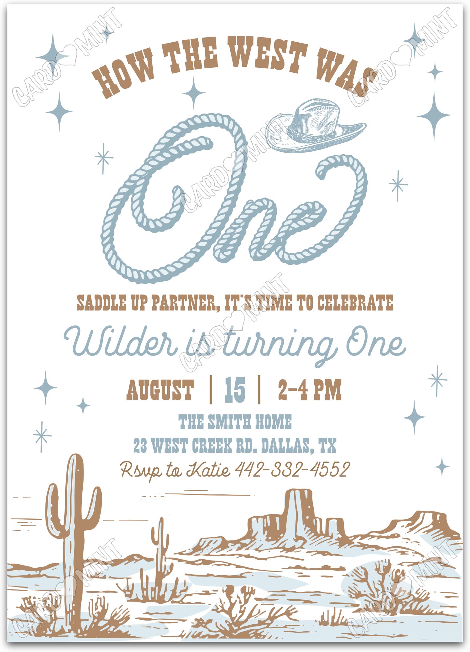 Editable How the West Was ONE white cowboy desertscape boy First Birthday Party 5"x7" Invitation EV1648