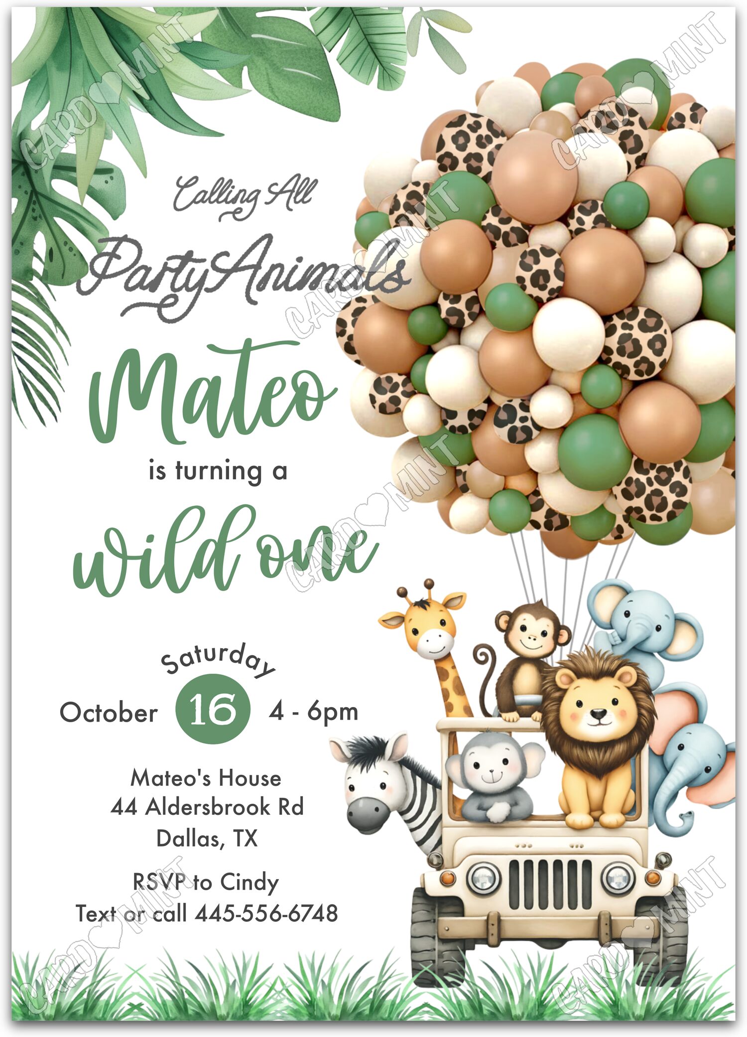 Editable Calling All Party Animals white jungle animals boy First Birthday Party 5"x7" Invitation EV1650