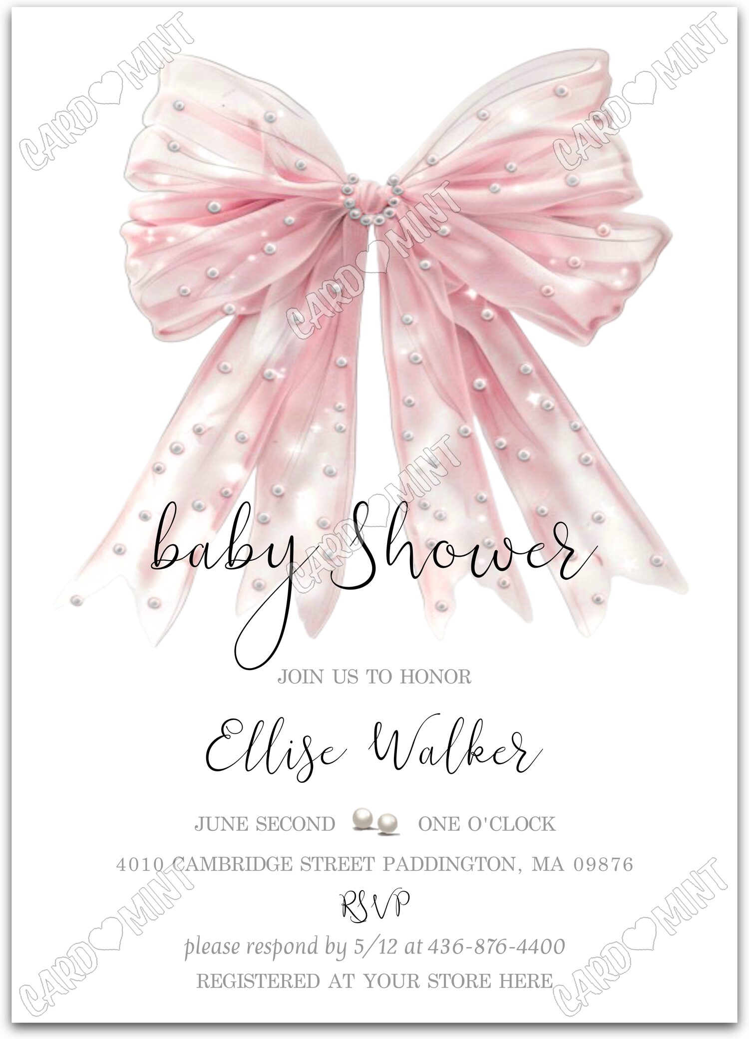 Editable Join Us To Honor white pink bow w/pearls girl Baby Shower Invitation EV1651