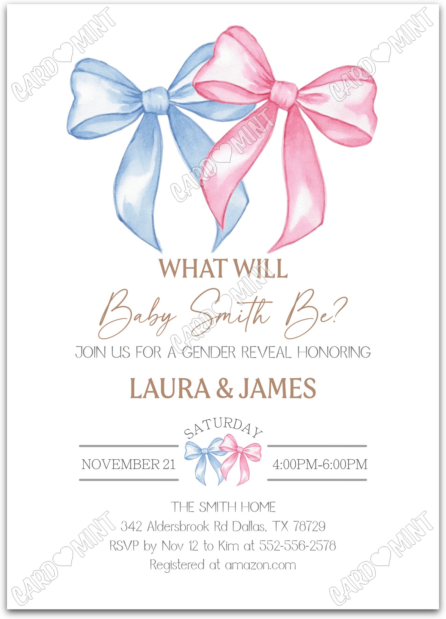 Editable What Will Baby Be? white blue & pink bow Gender Reveal 5"x7" Invitation EV1652