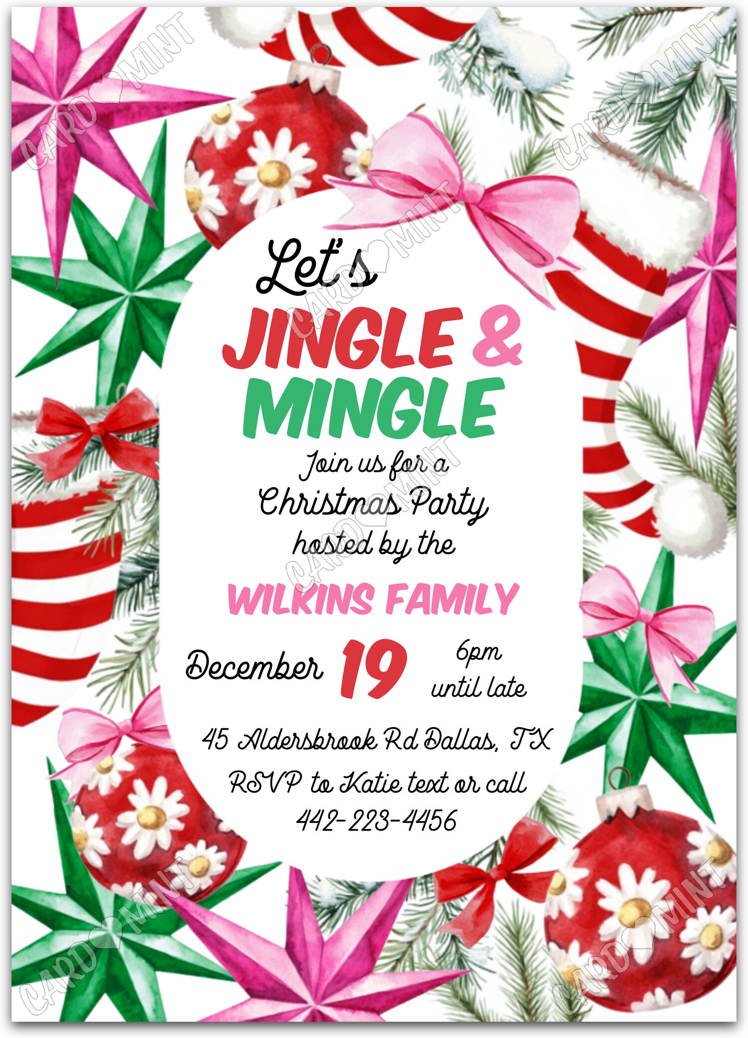 Editable Let's Jingle & Mingle white decorations Christmas Christmas Party 5"x7" Invitation EV1655