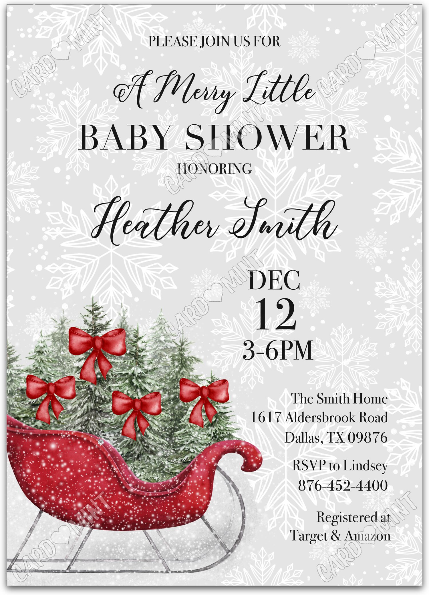 Editable Merry Little Baby Shower gray Christmas sleigh neutral winter Baby Shower 5"x7" Invitation EV1657