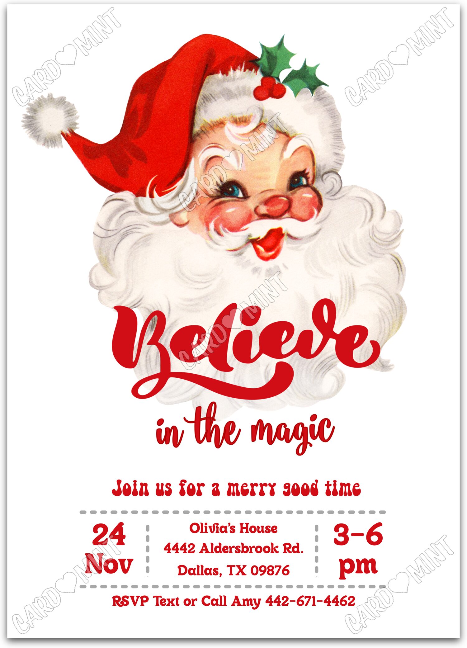 Editable Believe In The Magic white Santa Christmas Christmas Party 5"x7" Invitation EV1659