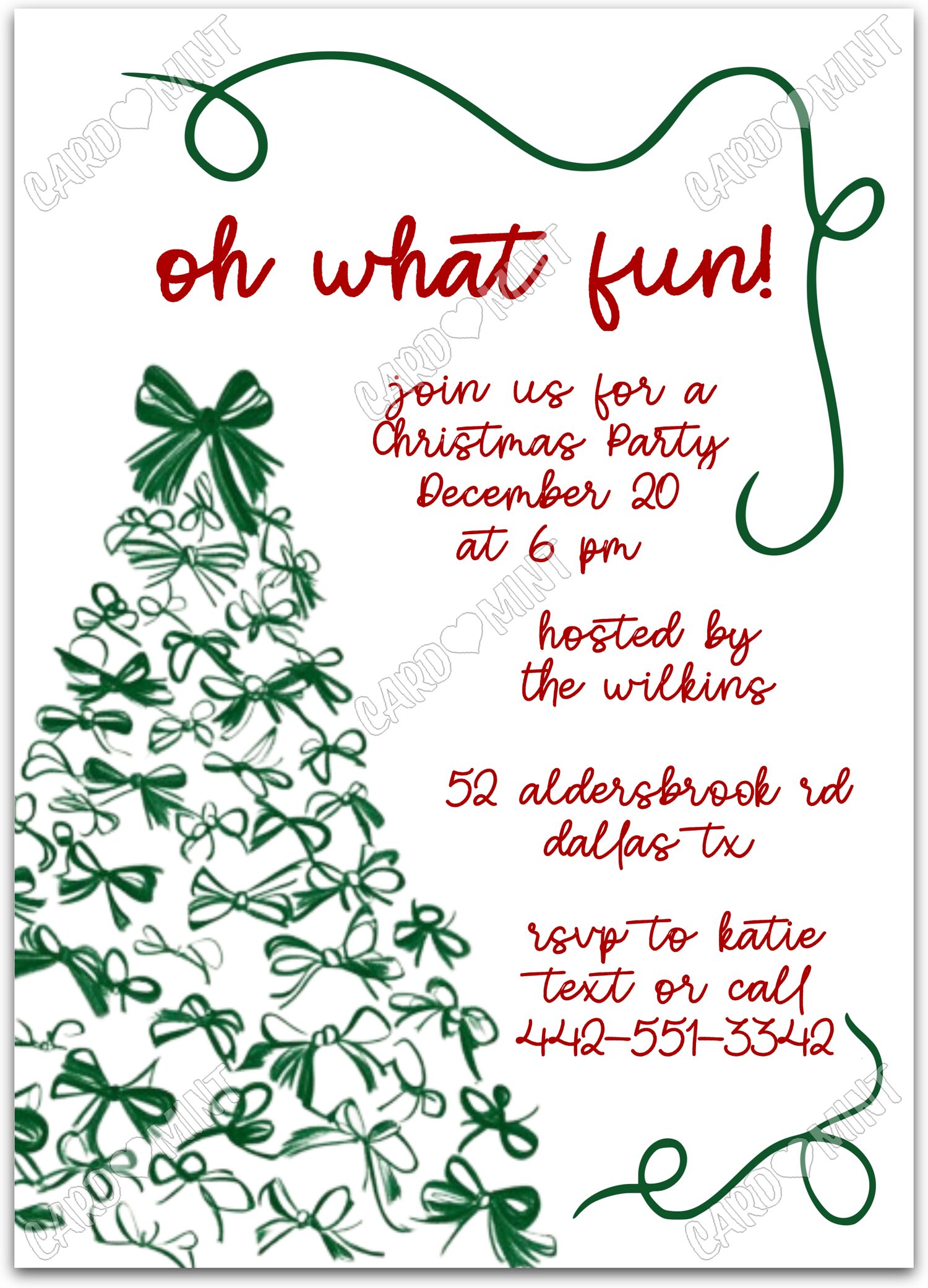 Editable Oh What Fun! white bow tree Christmas Christmas Party 5"x7" Invitation EV1660