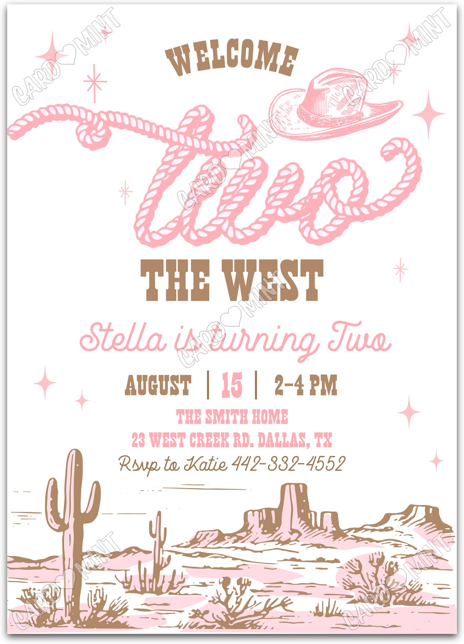 Editable Welcome TWO The West white western desertscape girl 2nd Birthday Party 5"x7" Invitation EV1661