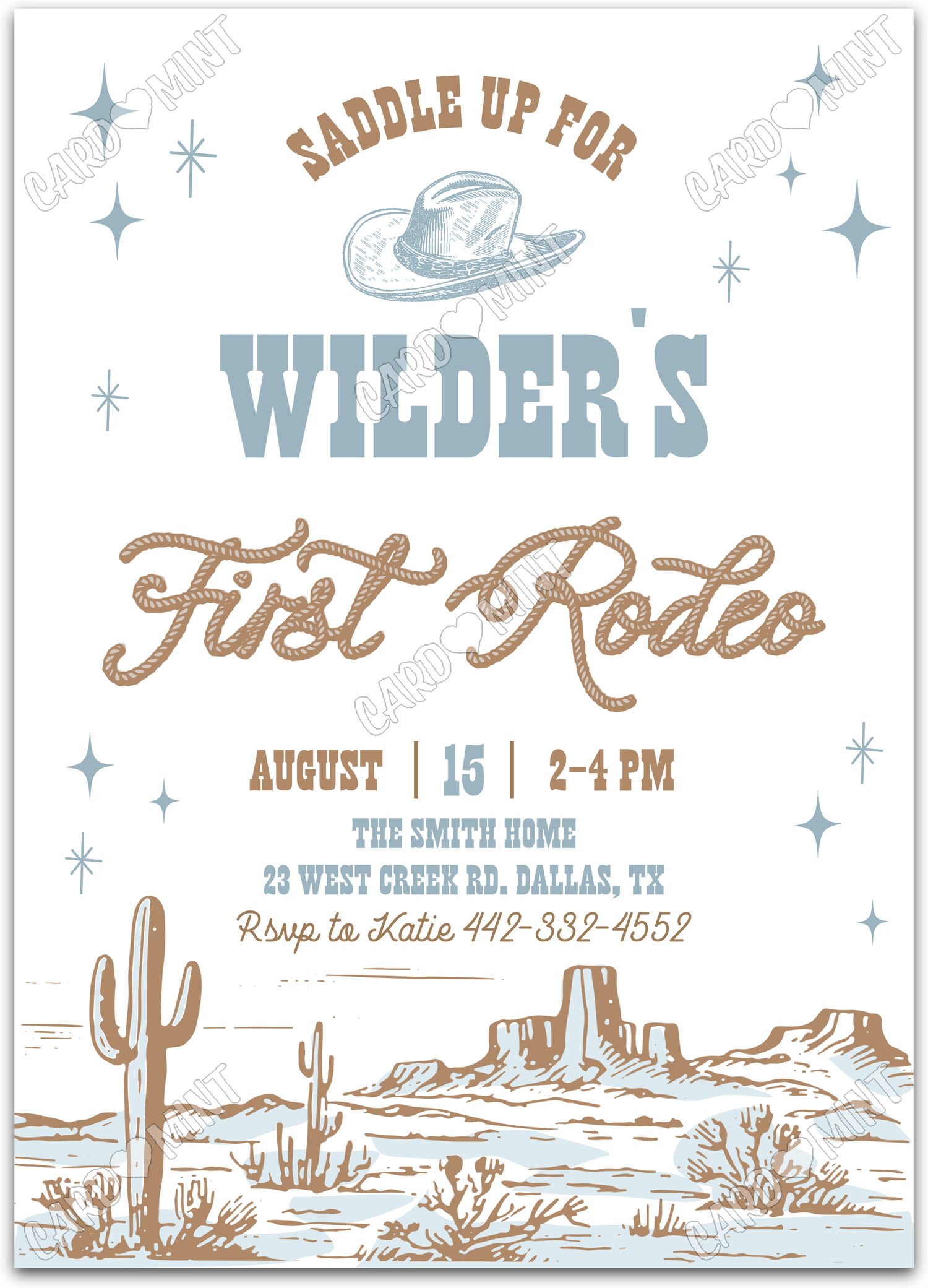 Editable First Rodeo white desertscape boy First Fête d'Anniversaire 5"x7" Invitation EV1663