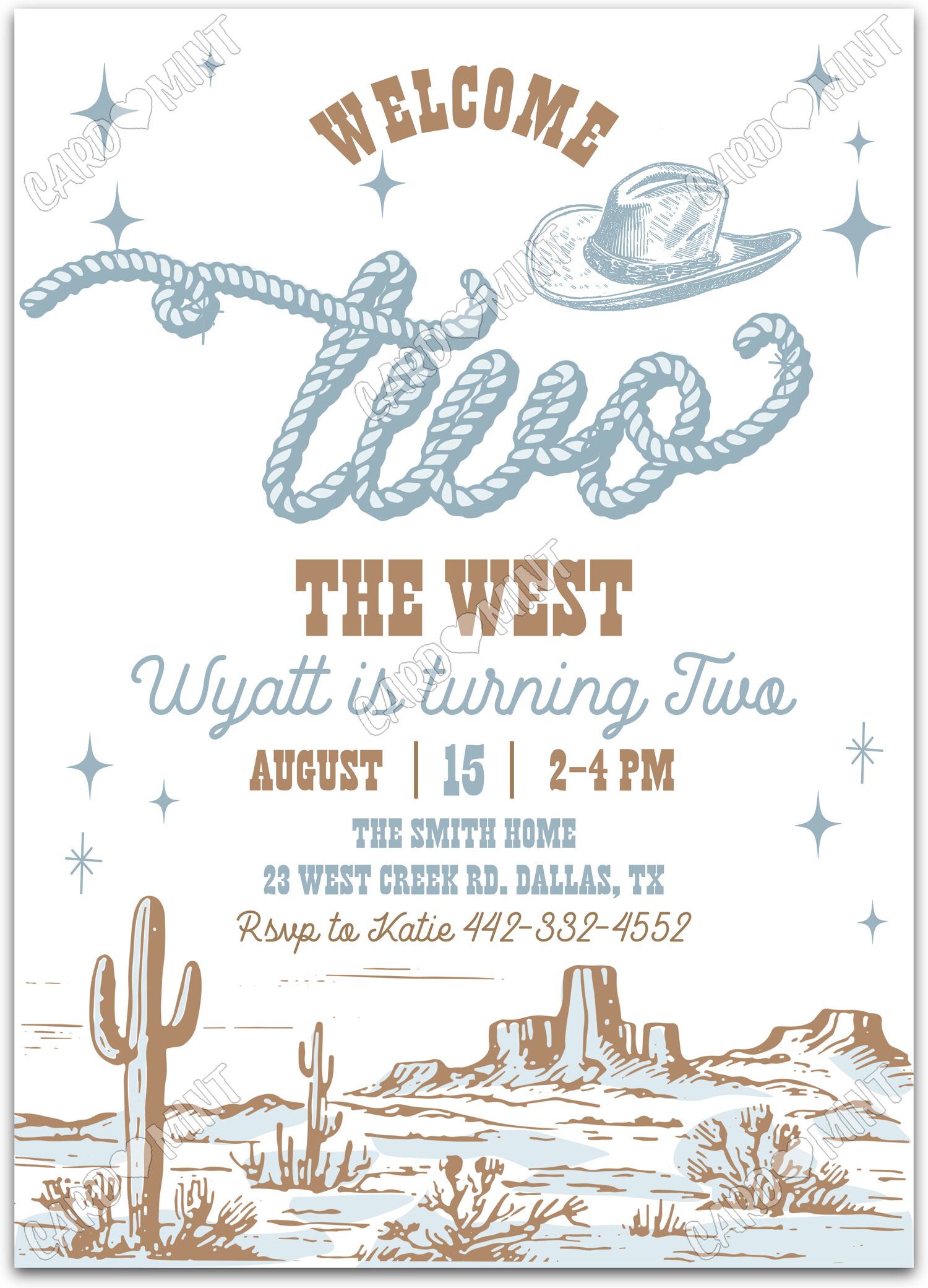 Editable Welcome TWO The West white desertscape boy 2nd Fête d'Anniversaire 5"x7" Invitation EV1664