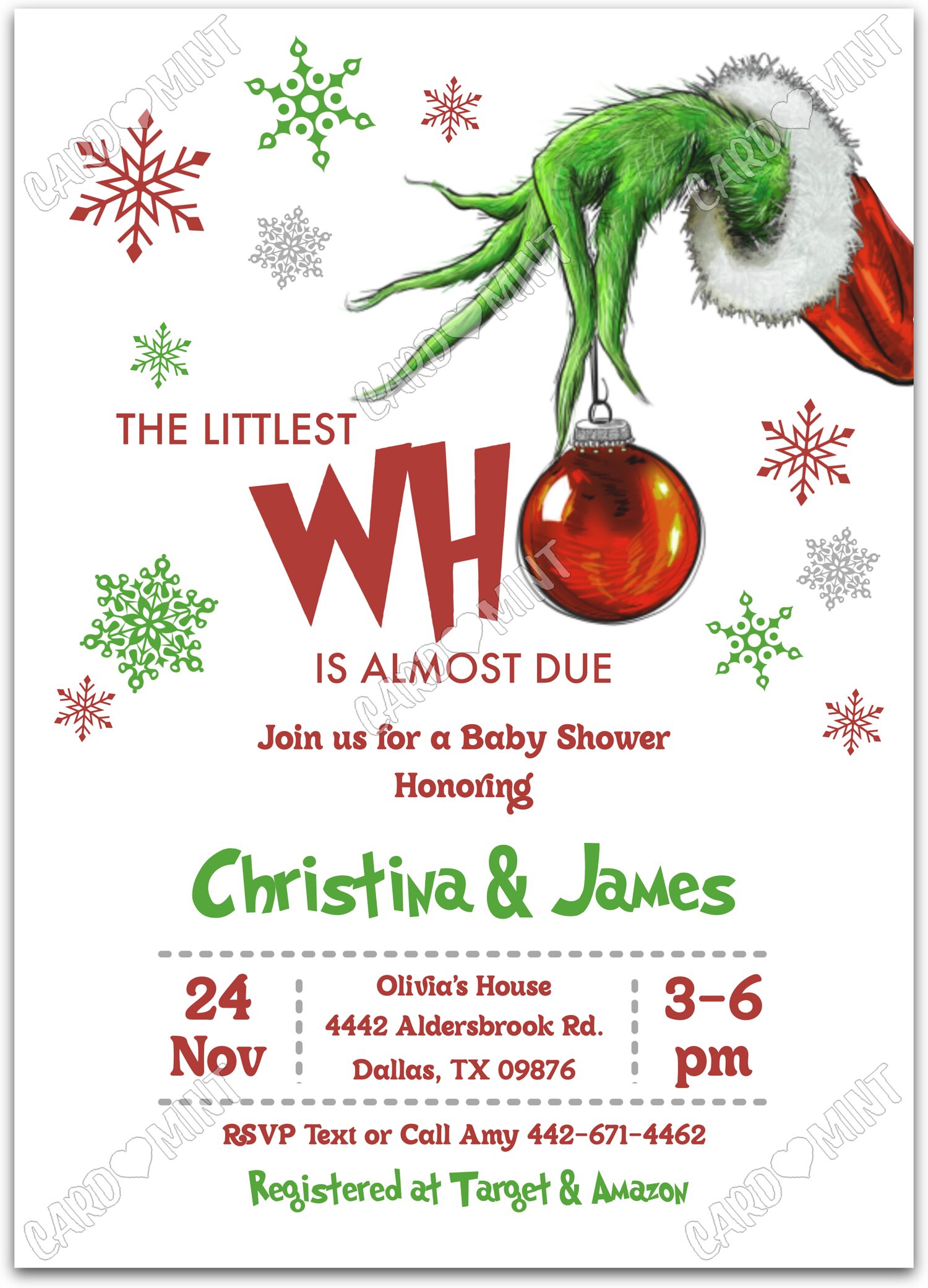 Editable The Littlest Who white Grinch hand neutral Christmas Baby Shower 5"x7" Invitation EV1667