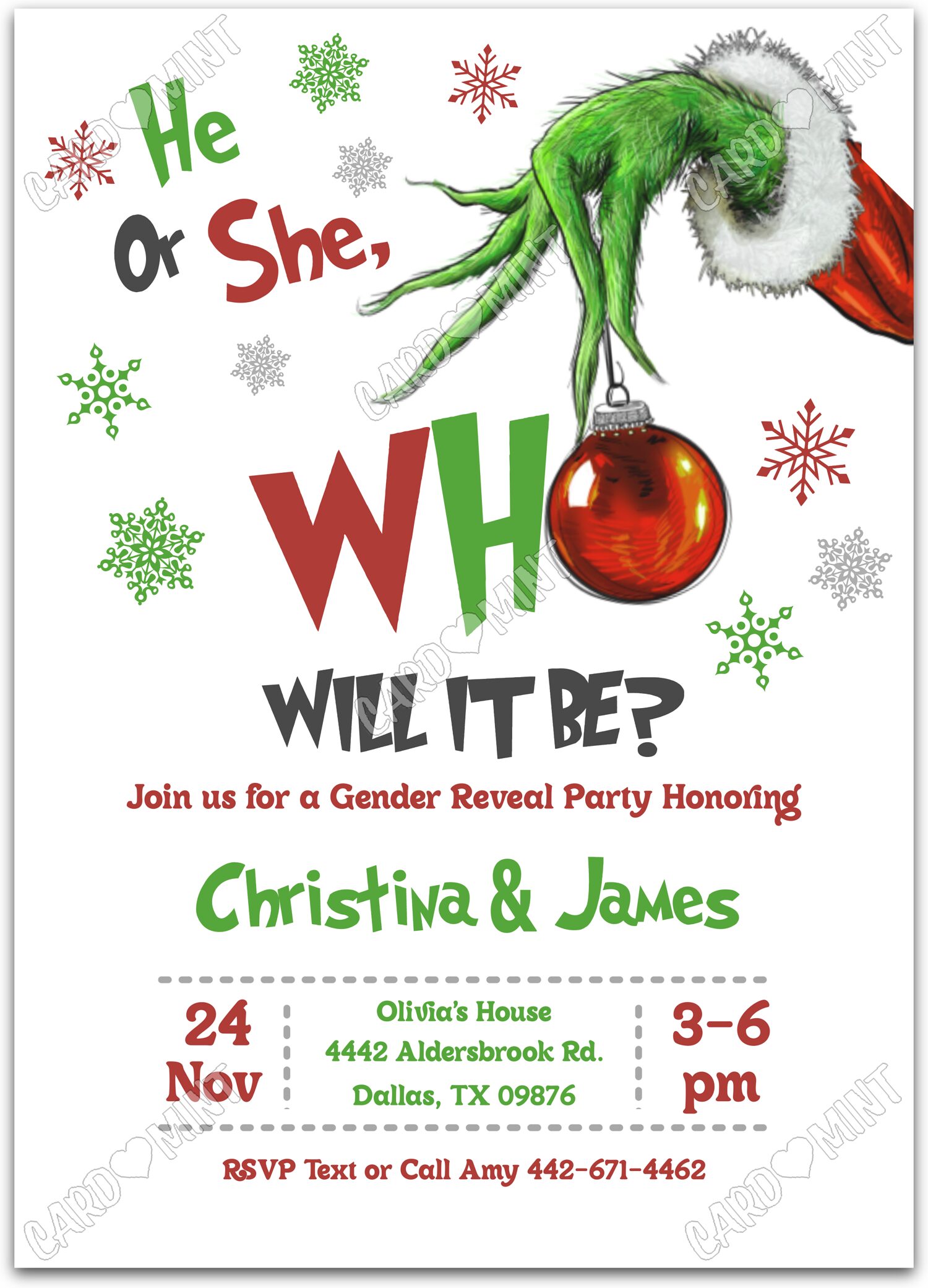 Editable Who Will It Be? white grinch hand Christmas Gender Reveal 5"x7" Invitation EV1668