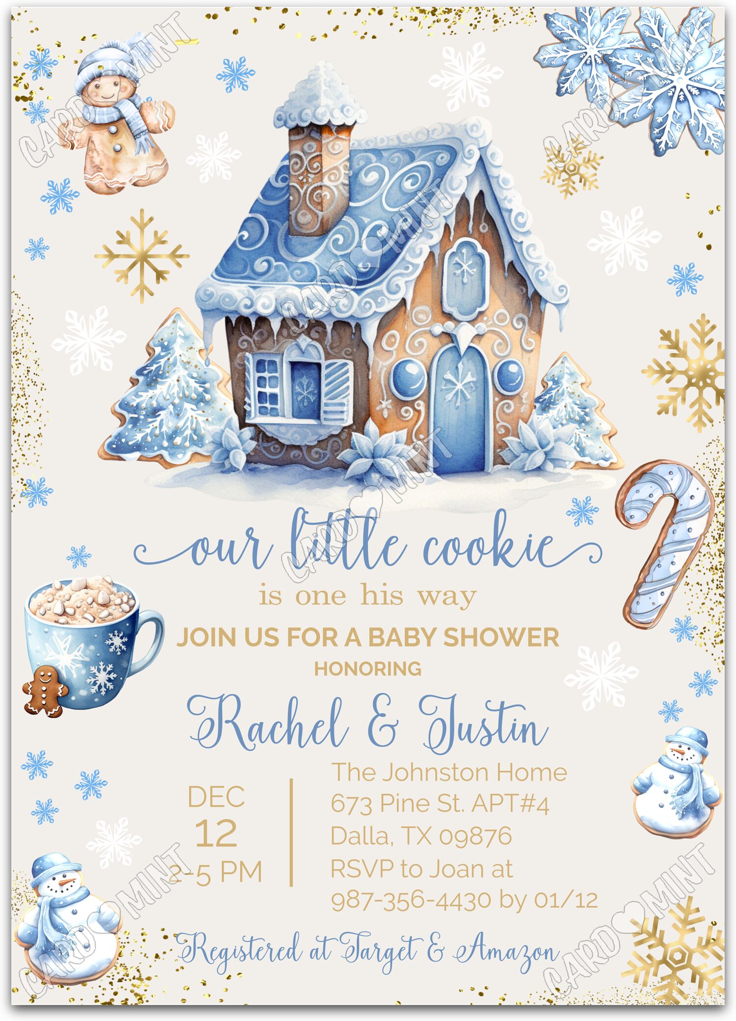 Editable Our Little Cookie beige gingerbread house boy Christmas Baby Shower Invitation EV1669