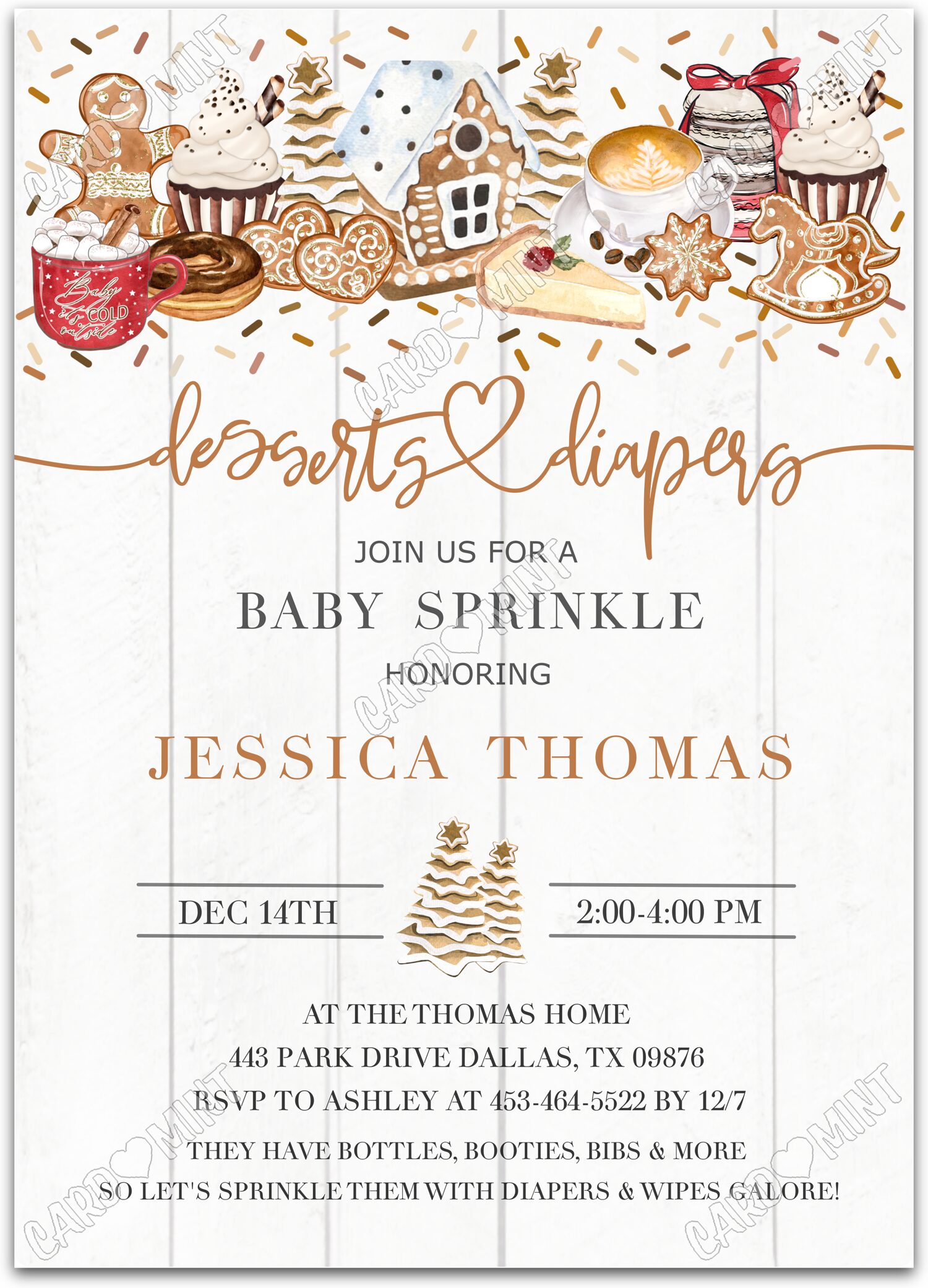 Editable Desserts & Diapers white gingerbread neutral Baby Sprinkle 5"x7" Invitation EV1671