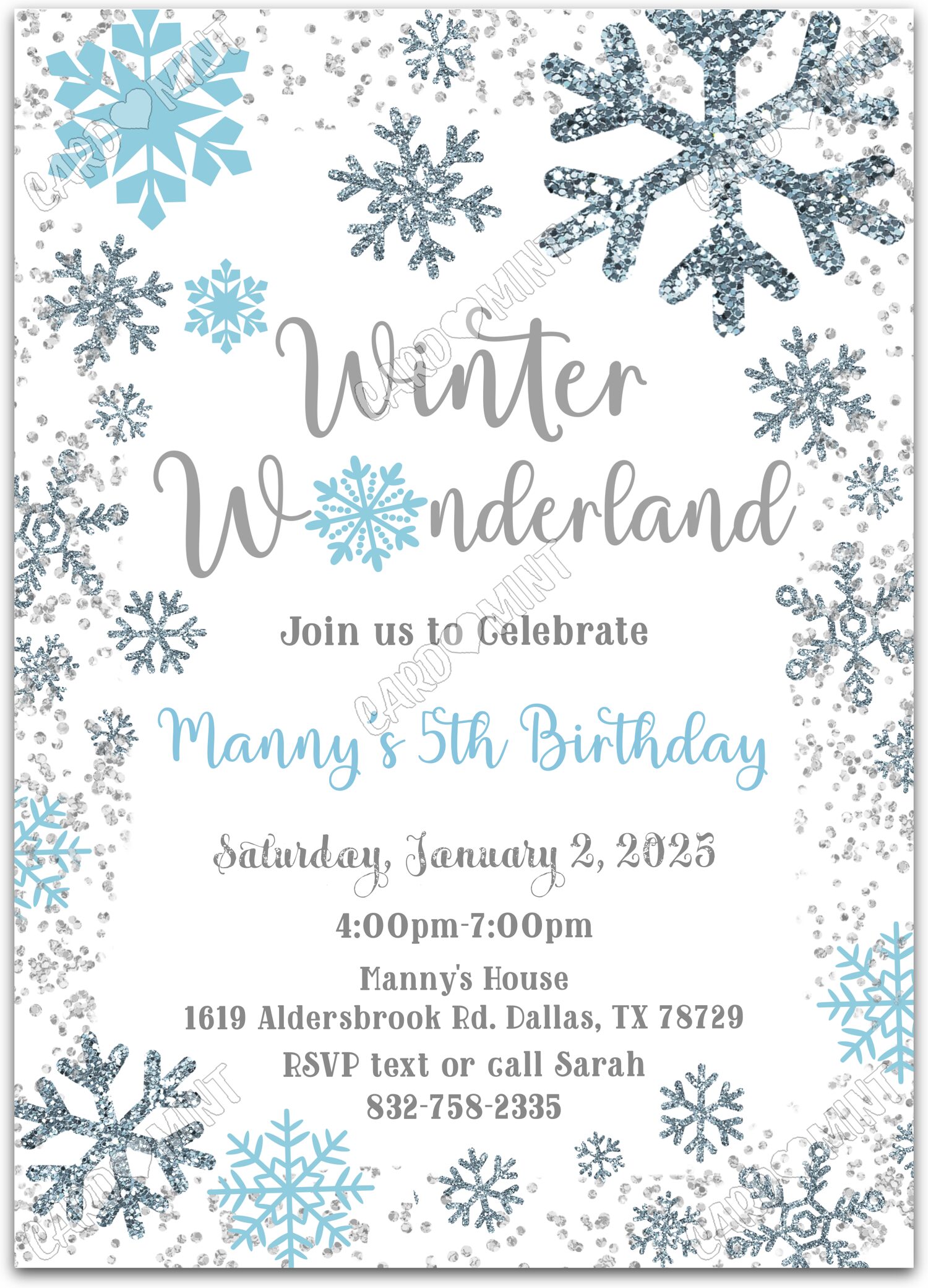 Editable Winter Wonderland white blue & silver snowflakes boy Fête d'Anniversaire 5"x7" Invitation EV1672