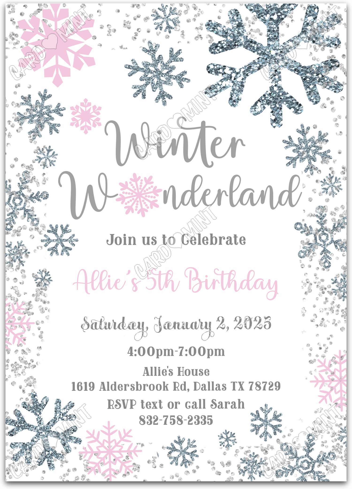 Editable Winter Wonderland white pink and silver snowflakes girl Birthday Party 5"x7" Invitation EV1673