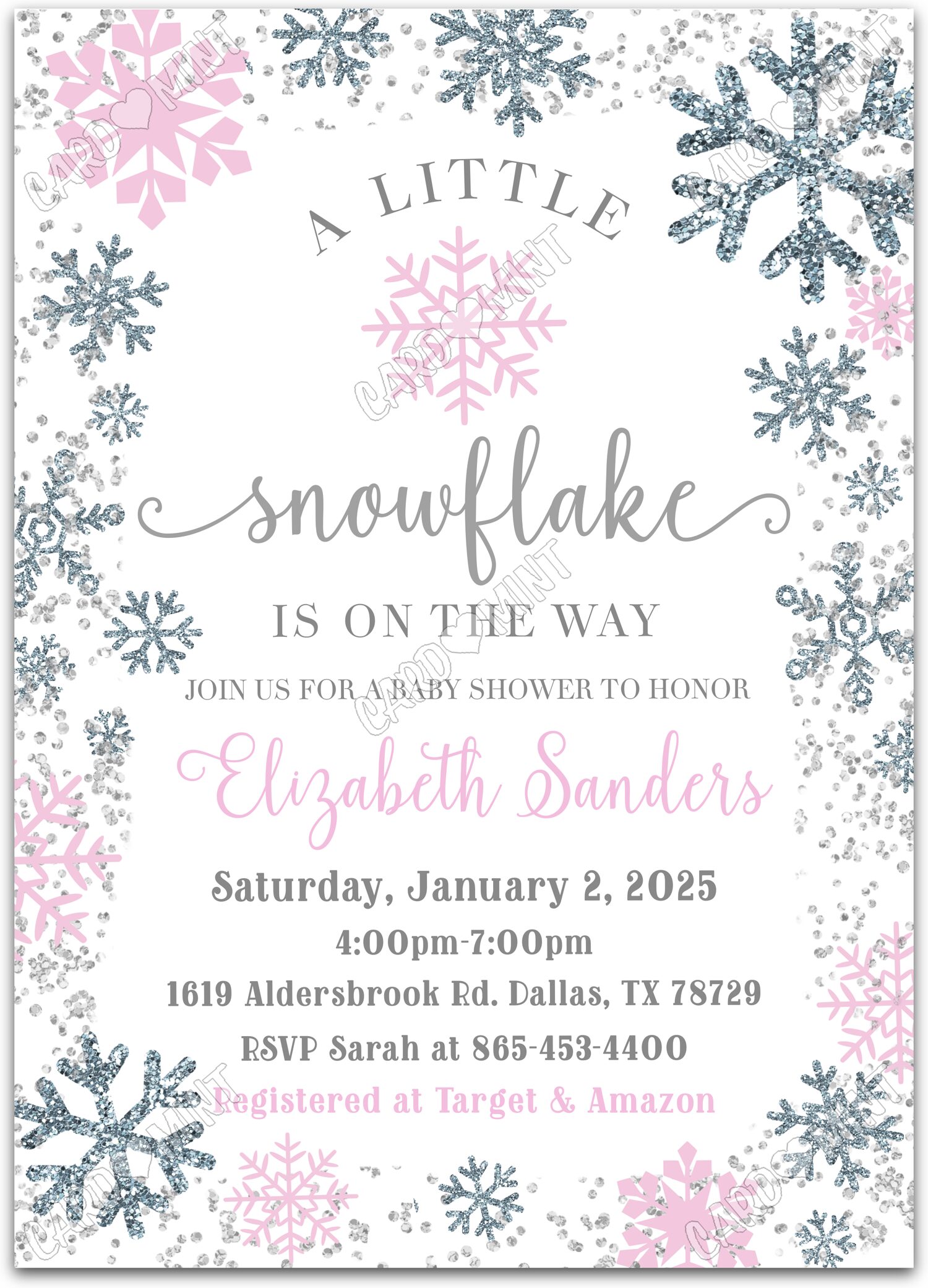 Editable A Little Snowflake white pink & silver snowflakes girl winter Douche de bébé 5"x7" Invitation EV1677