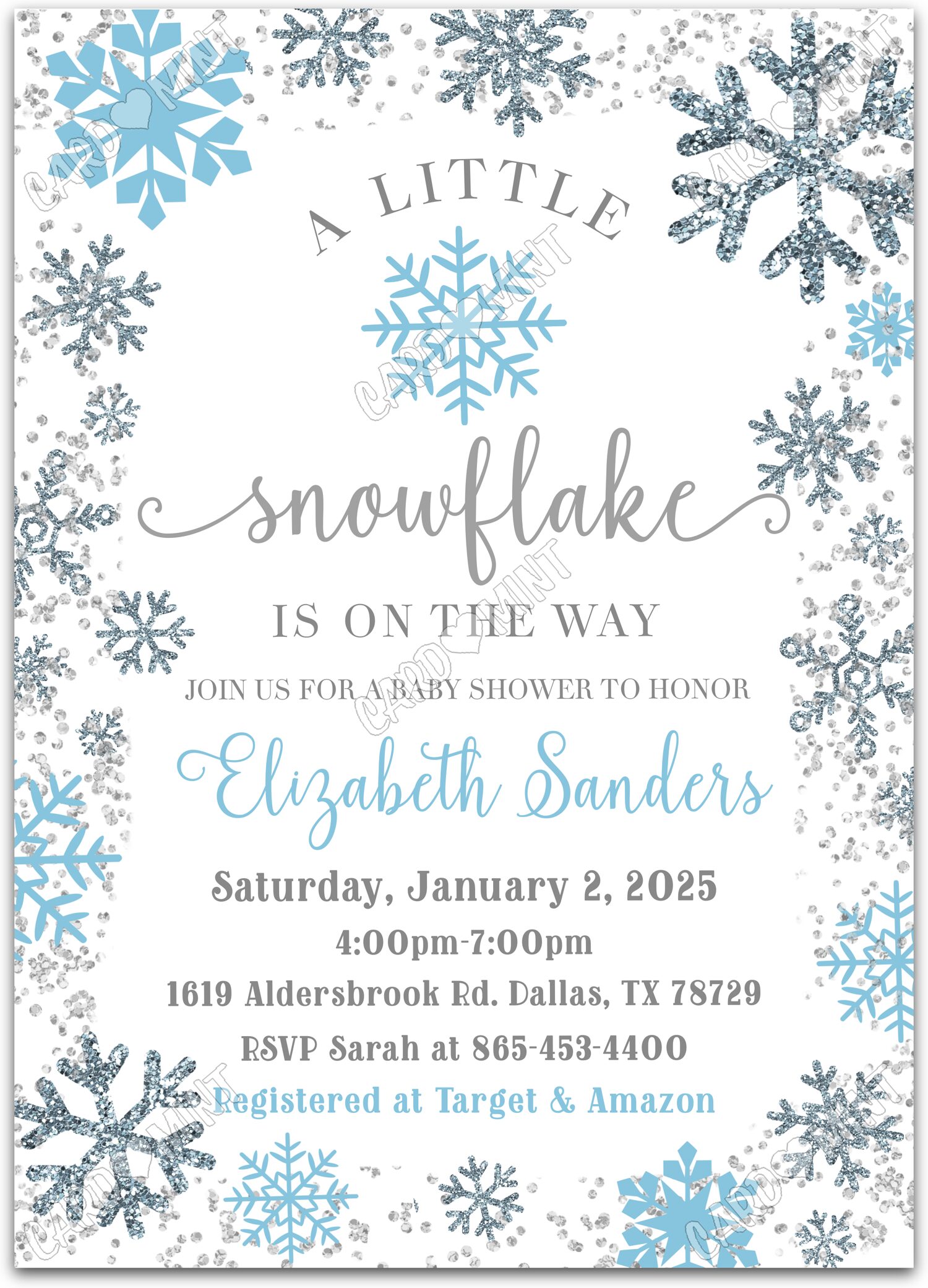 Editable A Little Snowflake white blue & silver snowflakes boy winter Baby Shower Invitation EV1678