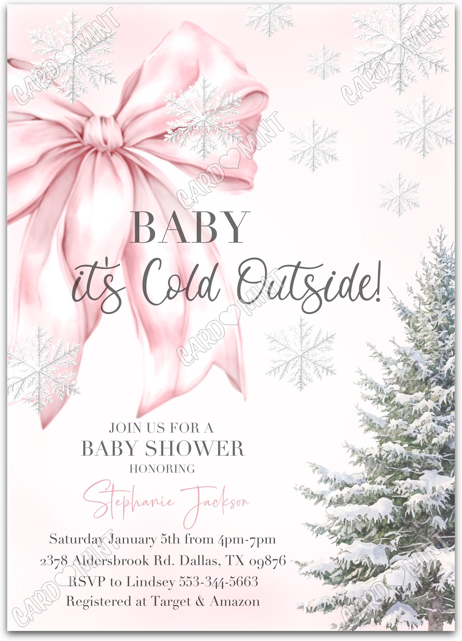 Editable Baby It's Cold Outside pink pink bow girl winter Douche de bébé Invitation EV1681