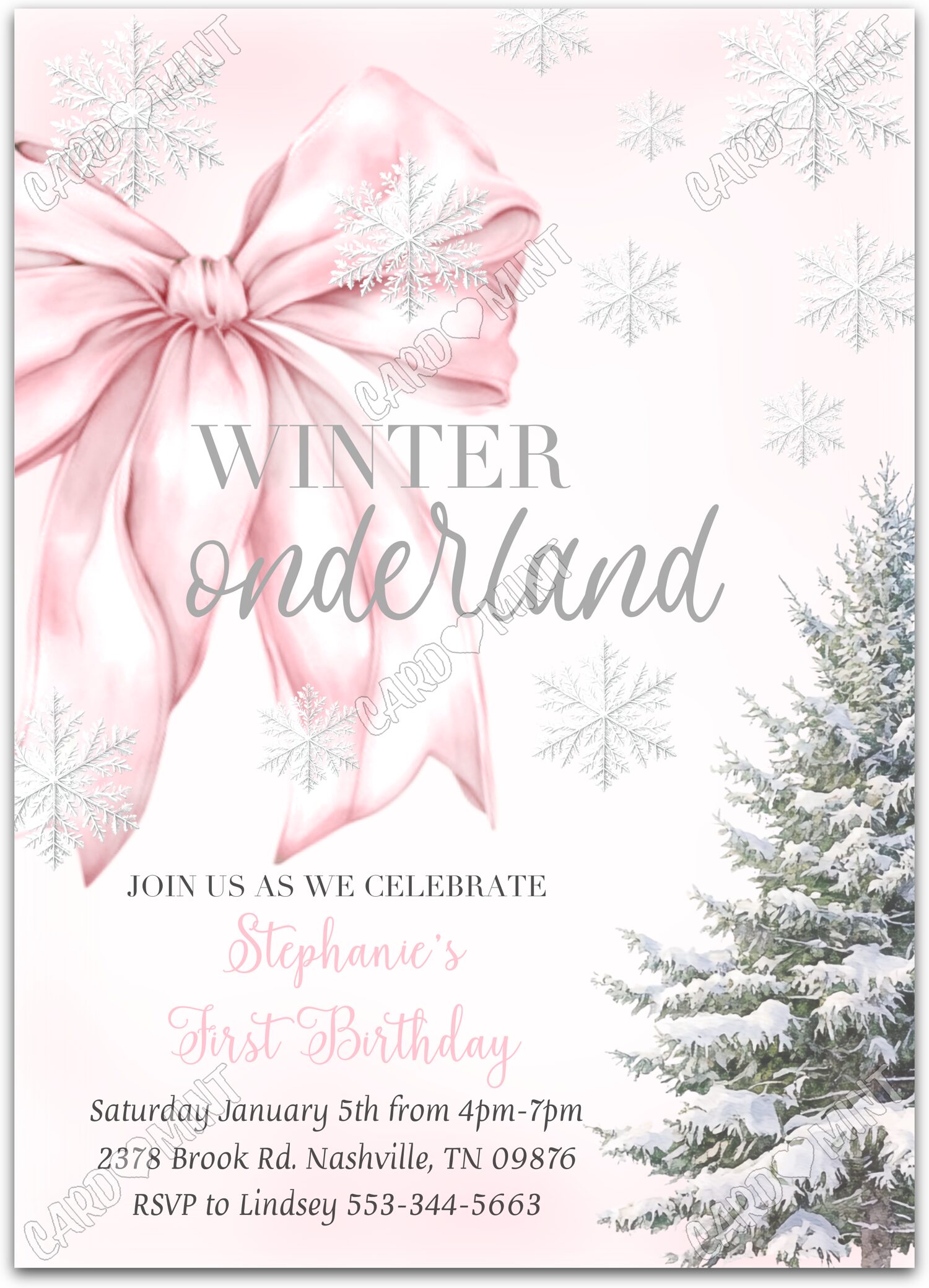 Editable Winter Onederland pink pink and silver snowflakes girl Birthday Party 5"x7" Invitation EV1682