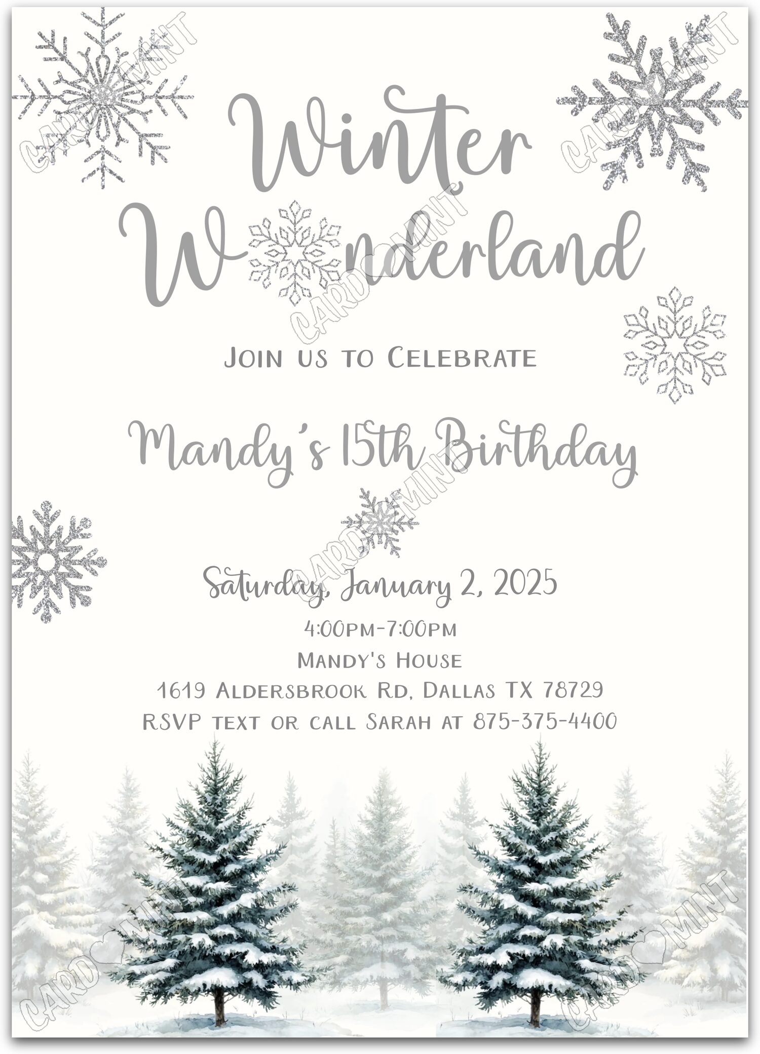 Editable Winter Wonderland white pine trees & snowflakes neutral Fête d'Anniversaire 5"x7" Invitation EV1683