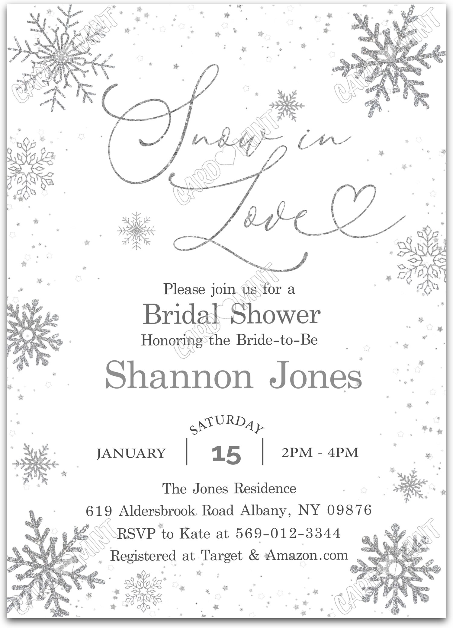 Editable Snow in Love white silver snowflakes winter Douche nuptiale 5"x7" Invitation EV1686