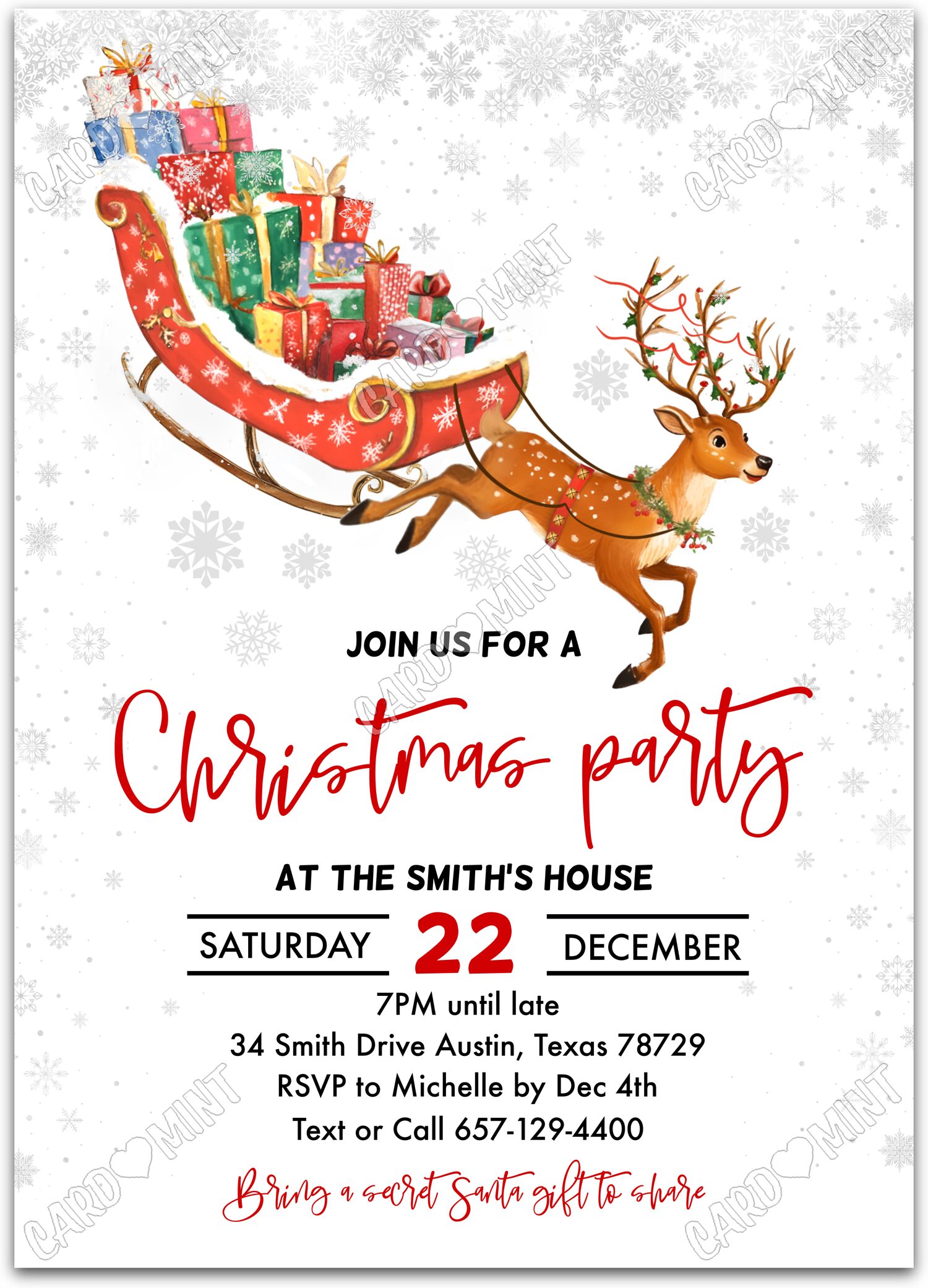 Editable Santa’s Sleigh white presents Christmas Christmas Party 5"x7" Invitation EV1688