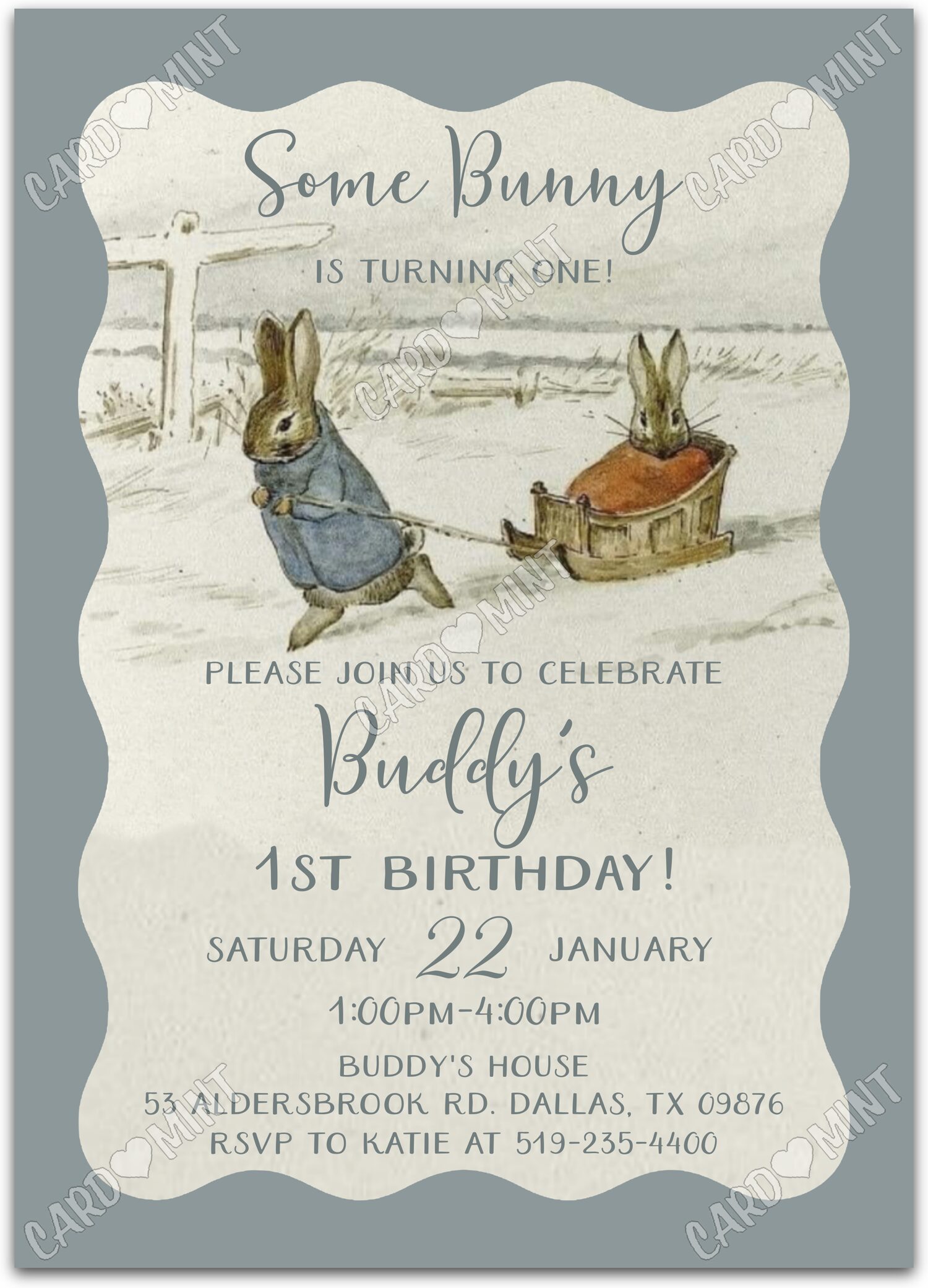 Editable Some Bunny Is Turning One! gray classic Peter Rabbit boy First Birthday Party 5"x7" Invitation EV1694