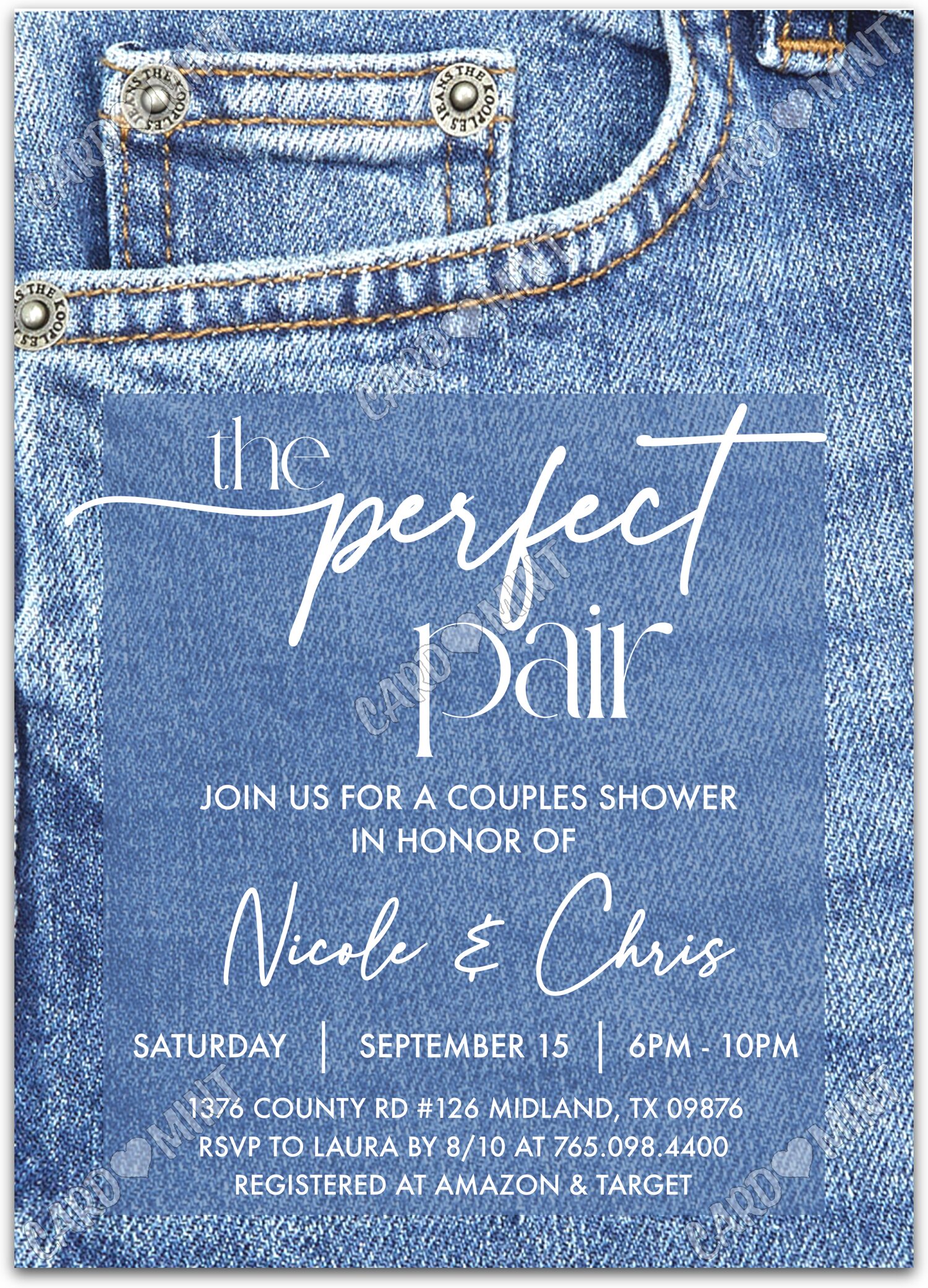 Editable The Perfect Pair blue blue jeans Couples Douche nuptiale 5"x7" Invitation EV1698