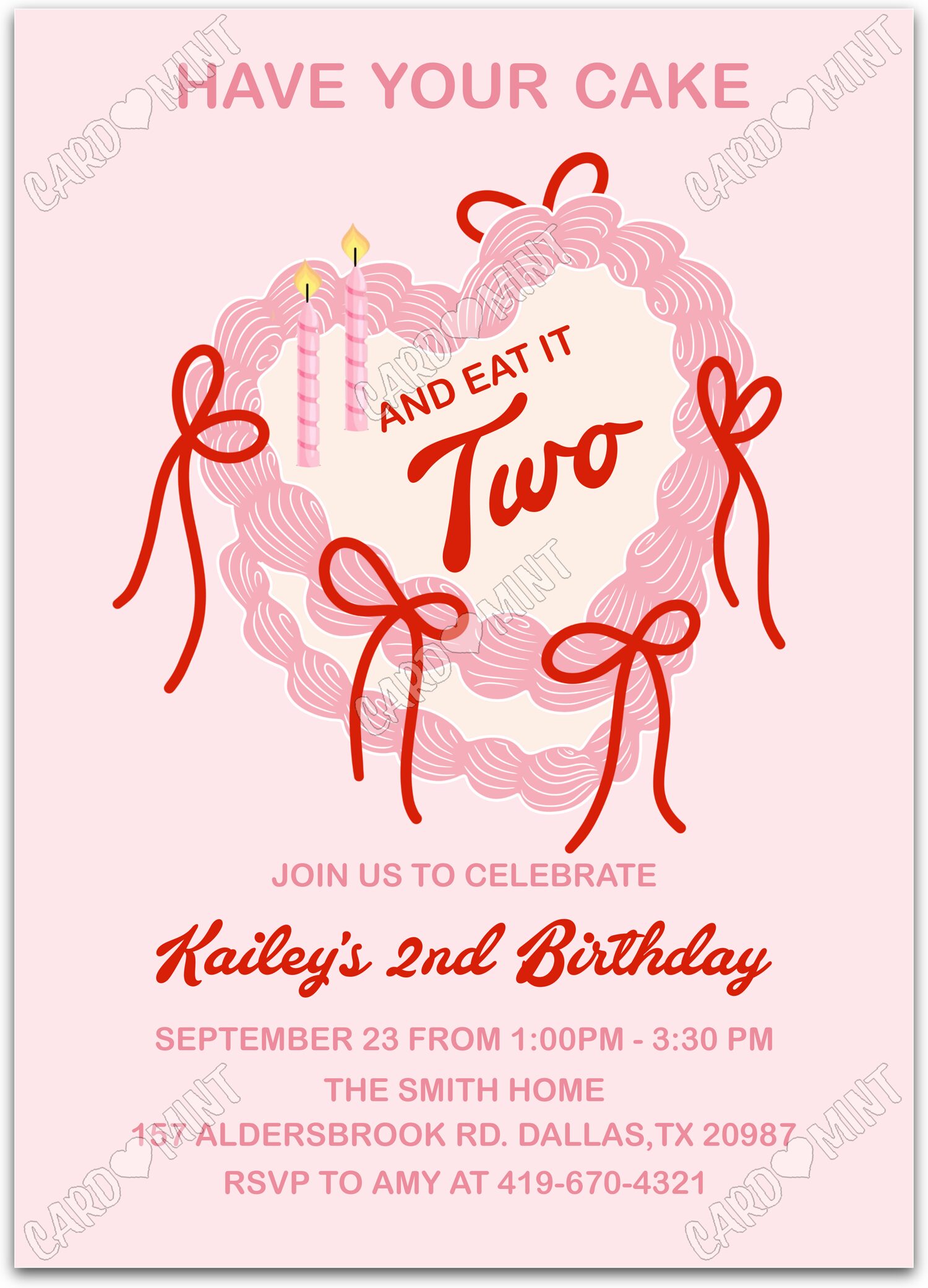 Editable Have Your Cake...TWO pink cake with red bows girl 2nd Fête d'Anniversaire 5"x7" Invitation EV1703