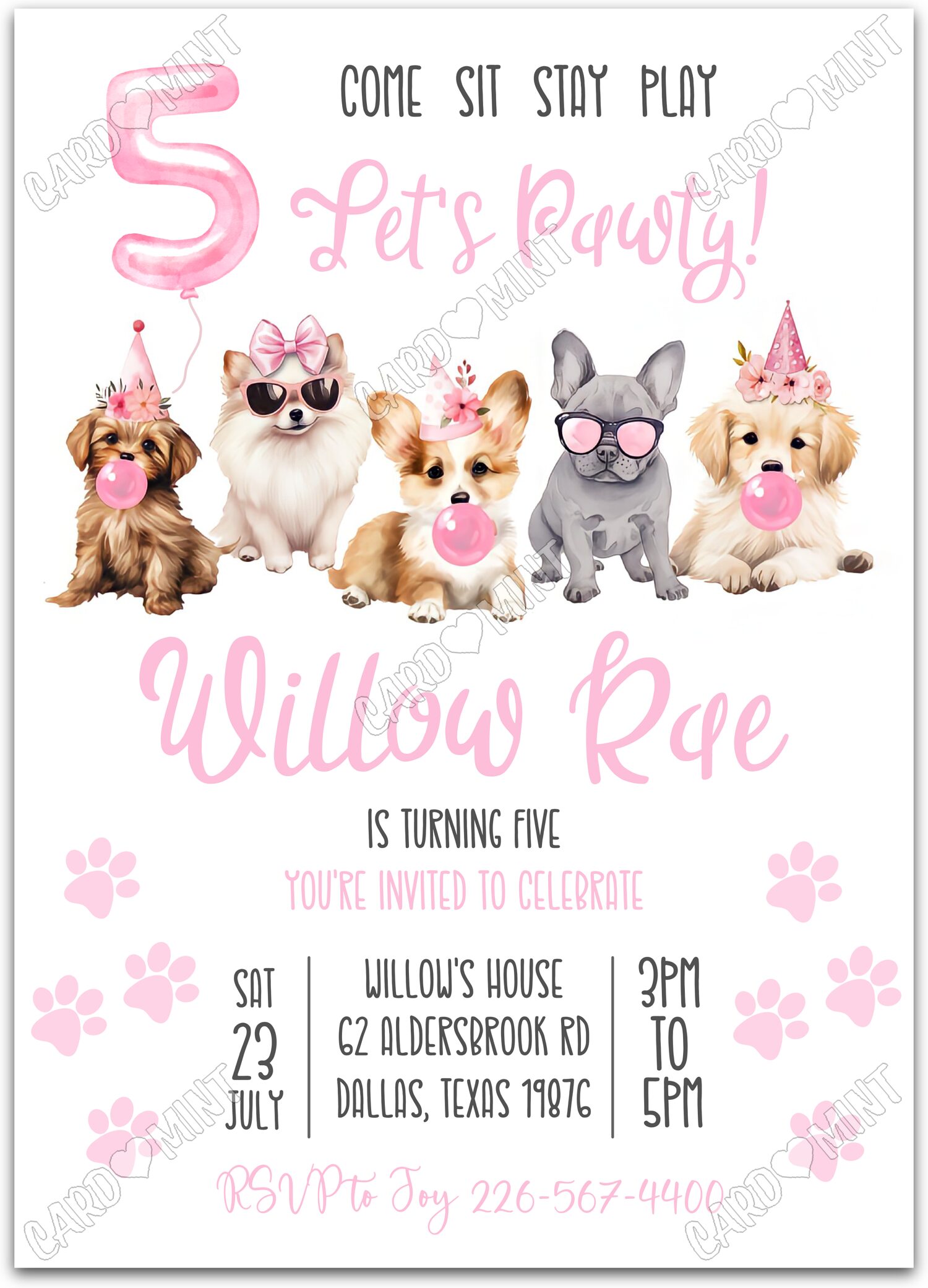 Editable Let's Pawty pink puppies blowing bubbles girl 5th Fête d'Anniversaire 5"x7" Invitation EV2041-5